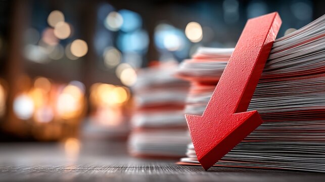 Decreasing Business Performance Red Arrow on Stack of Documents - Powered by Adobe