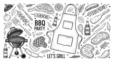 BBQ party concept with grill, apron, and food perfect for summer cookouts and outdoor events