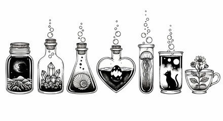 Whimsical collection of enchanted bottles holding magical elements like crystals, moon, jellyfish, cat, and flower