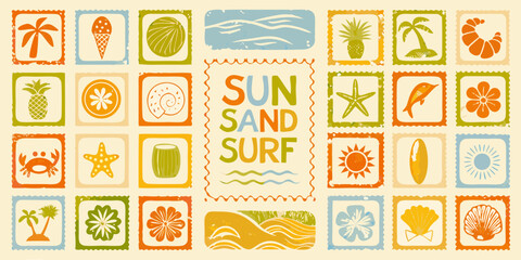 Retro summer vacation stamp collection featuring sun sand surf and beach icons