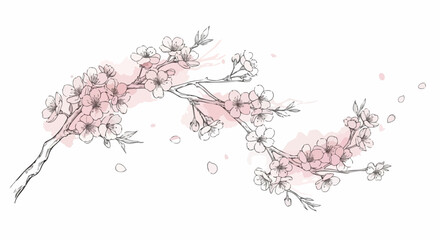 Delicate cherry blossom branches adorned with soft pink petals and delicate line art