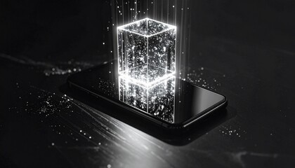A glowing, transparent cube hovers above a dark smartphone, highlighting digital technology.