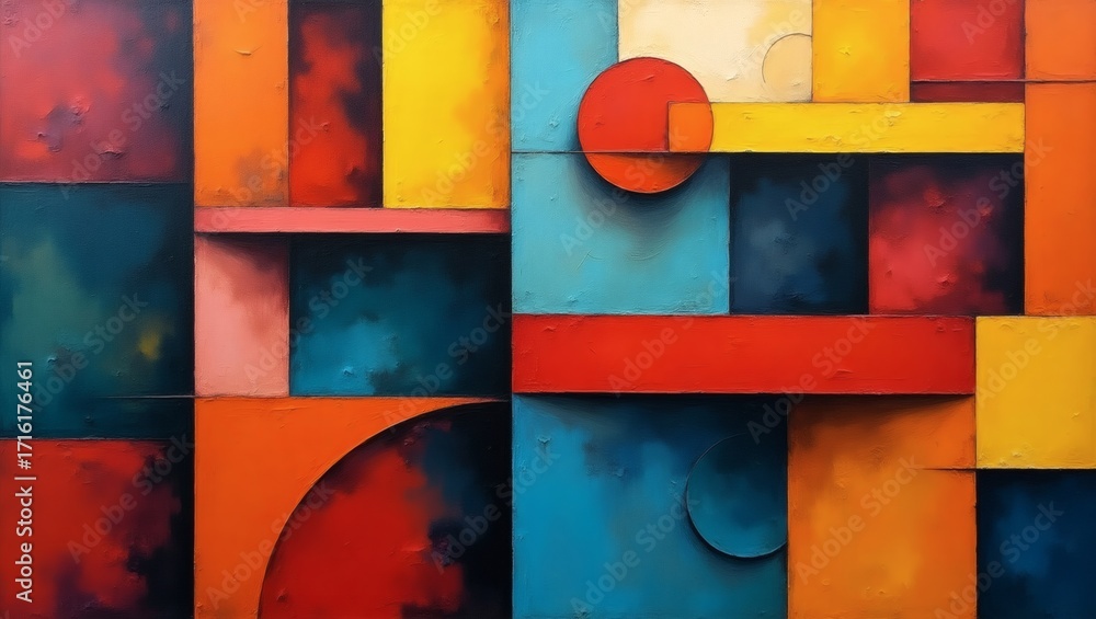 Poster abstract art composed of geometric shapes in vibrant hues, creating a dynamic visual composition. th
