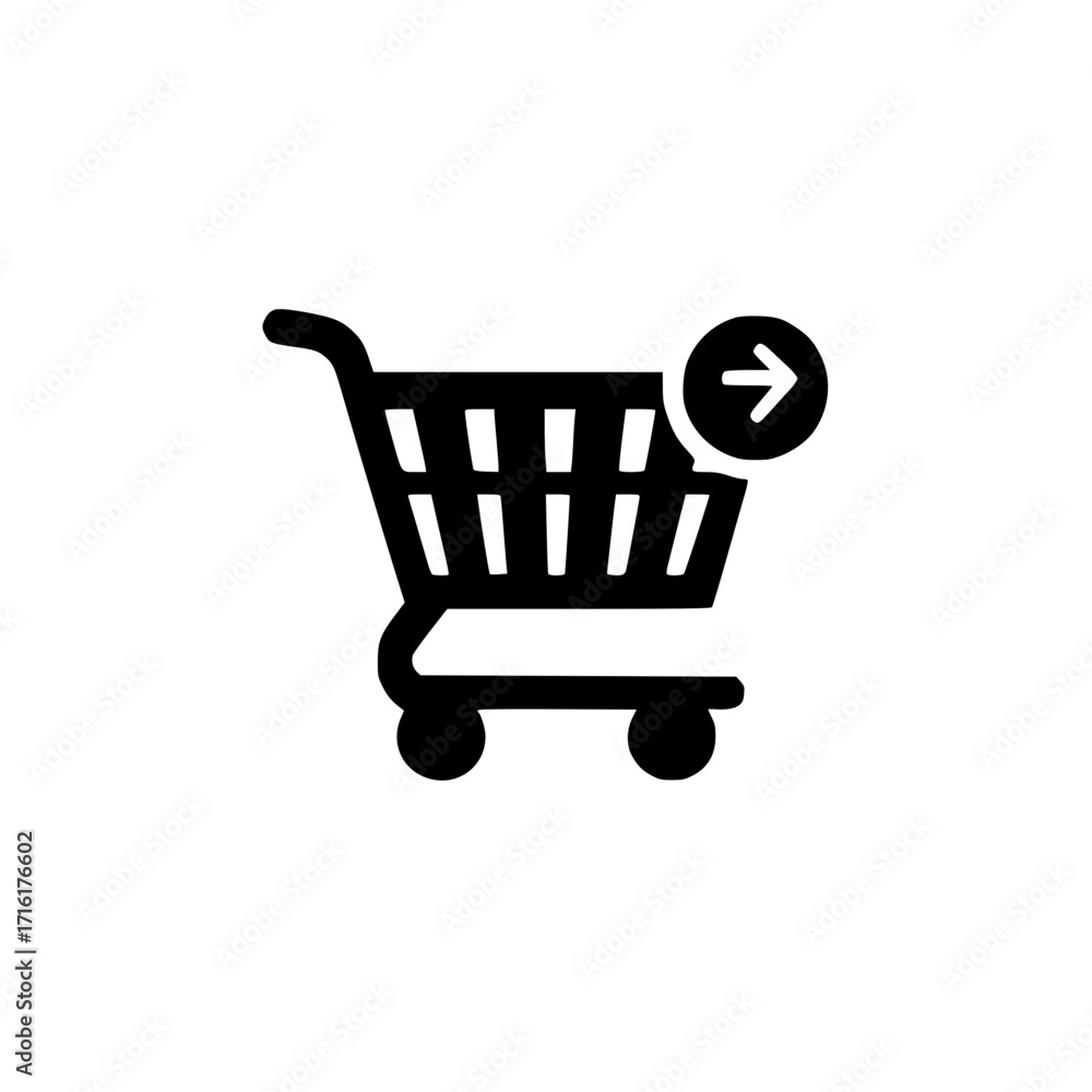 Poster shopping cart icon with small right arrow symbol representing forward navigation or next action