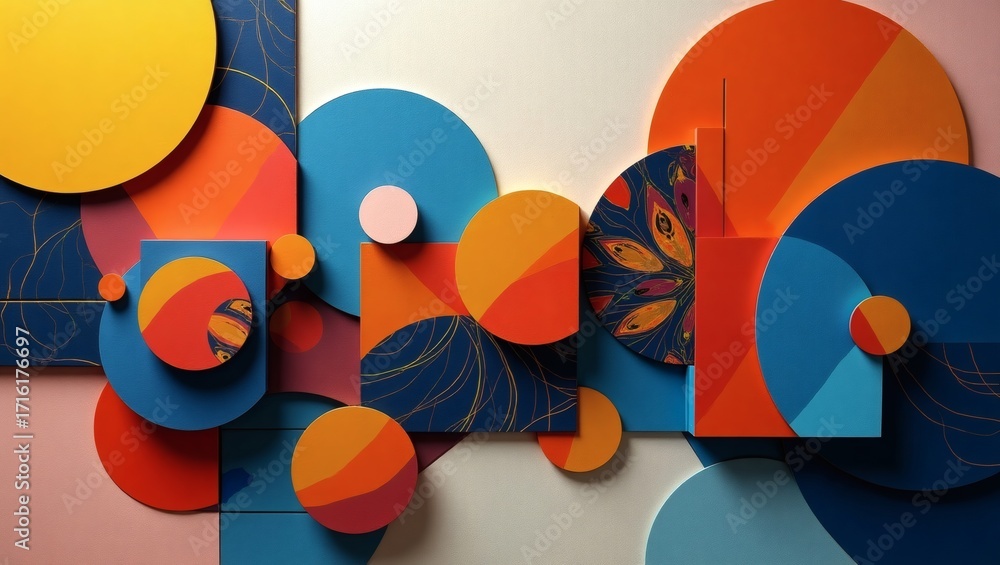 Poster a vibrant abstract composition features geometric shapes and eye-catching color gradients, creating 