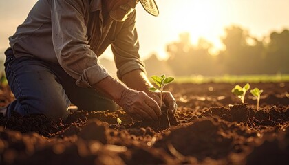 Farmer Planting Seedlings in Tilled Field at Sunrise with Warm Lighting and Trees in Background
