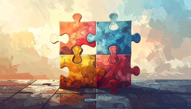 Colorful puzzle pieces on a textured surface under a cloudy sky