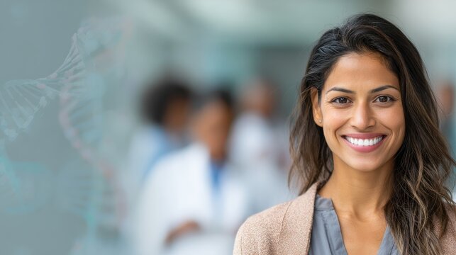 A joyful female healthcare worker stands confidently in a hospital setting, radiating warmth and professionalism as colleagues attend to patients in the background.