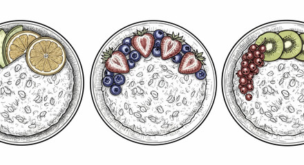 Freshly prepared oatmeal bowls brimming with vibrant berries and citrus fruits for a healthy start