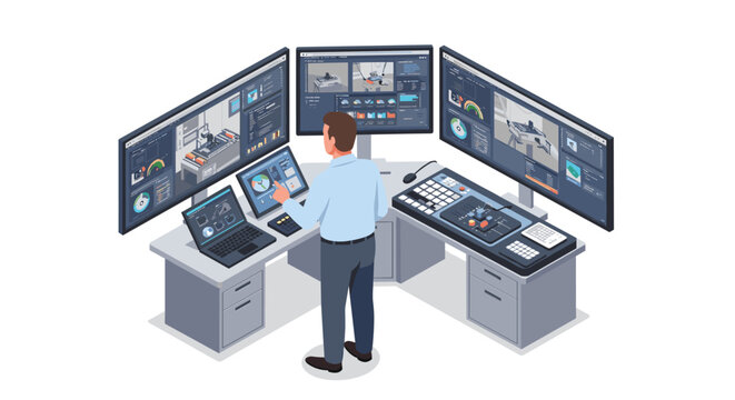 Control room monitoring with multiple screens and advanced technology interface vector illustration isometric