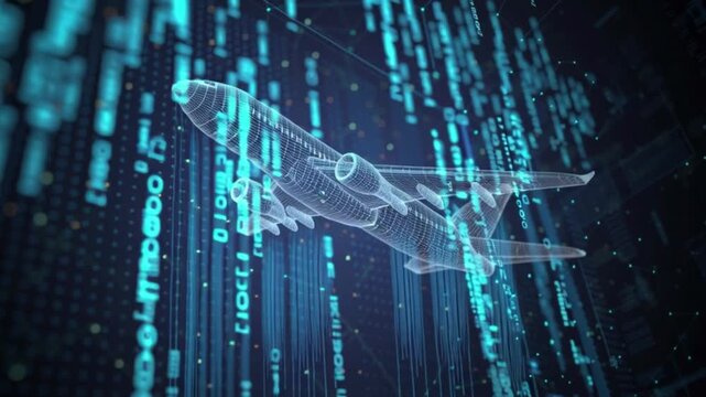4K digital animation of futuristic airplane hologram made of data streams and binary code, symbolizing aerospace innovation, aviation technology, AI engineering, and smart transportation systems
