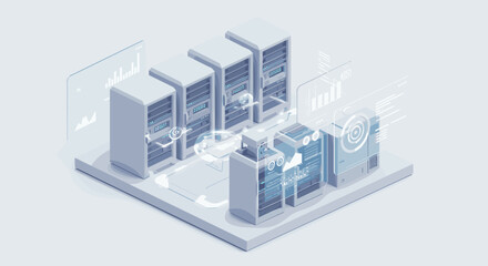 Obraz premium Futuristic data server room with holographic elements and transparent