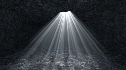 A narrow canyon captures a stunning beam of light entering its depths, highlighting the jagged black rocks and a staircase that invites exploration into the mysterious space