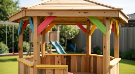 Wooden Gazebo Playhouse with Colorful Accents in Sunny Backyard Playground.