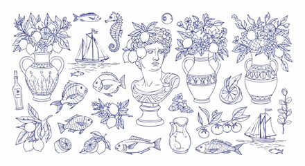 Mediterranean elegance unfolds with lemons, fish, ancient bust, and sailing ships in artistic line art