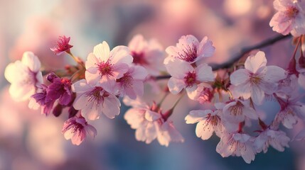 A branch laden with delicate pink and white blossoms in soft focus, against a bokeh backdrop