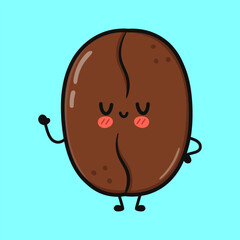 Cute cartoon coffee bean character waving hello on a bright blue background.