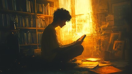 Silhouette of a person reading a book in a dimly lit room with warm sunlight streaming through a window
