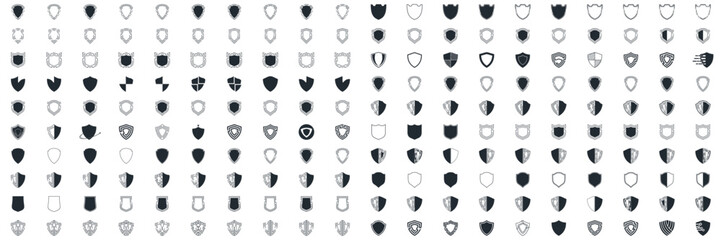 Shield icon set in vintage style. Protect shield security line icons. Badge quality symbol, sign, logo or emblem. Vector illustration	