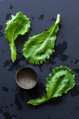 Fresh green lettuce leaves with ground pepper on dark background