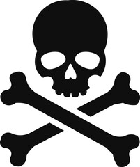 Skull and Crossbones Vector,Black Silhouette Human Skull with Crossed Bones Icon,danger icon, halloween theme