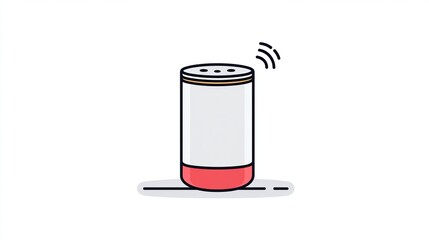 Simple, cartoonish illustration of a smart speaker.  It's a light gray/white cylinder with a reddish-pink base and top accents.  Small holes are visible on the 