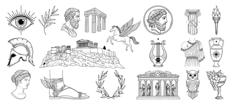 Ancient Greece Mythology and Culture Vector Illustrations Set