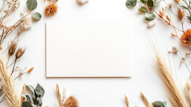 Create a memorable handcrafted card layout with an empty space for your personal message surrounded by natural dried flowers and leaves for a rustic touch.