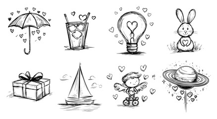 Set of Hand Drawn Love and Romance Themed Sketch Illustrations