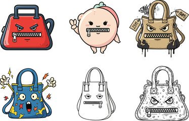 Cute cartoon handbags with angry, surprised, and cool expressions, zipper mouths, character faces, funny fashion accessories, vector illustration set © LITON