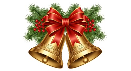 Golden christmas bells with red ribbon and pine branches isolated on white background