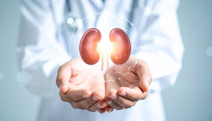 Healthcare professional presenting a glowing digital human kidney, symbolizing advanced medical technology, innovative renal care, and the future of organ health and scientific research