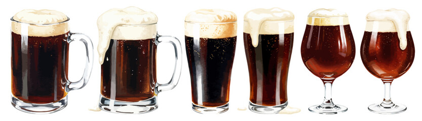 黒ビールの水彩風イラスト 泡の溢れる黒ビールと様々なグラスのベクターイラストセット
