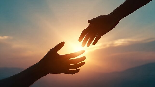 Two hands reaching toward each other against a sunset sky with the sun glowing between them