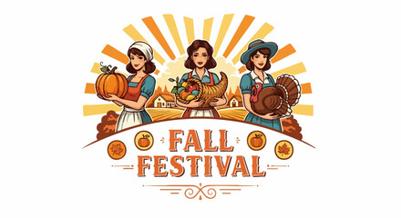 Fall Festival illustration with women, pumpkin, cornucopia, turkey, and harvest celebration