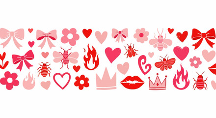 Vibrant pink and red collection of playful icons hearts bows flowers crowns lips and bugs for design