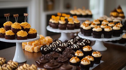 A variety of decorated chocolate cupcakes and pastries displayed on white cake stands