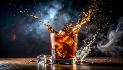 Whiskey splashing over ice
