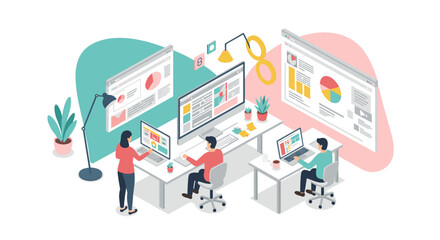 Modern office workspace with team analyzing data on computers in isometric design