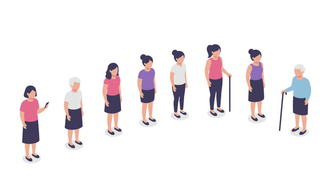Evolution of woman through stages of life in isometric style