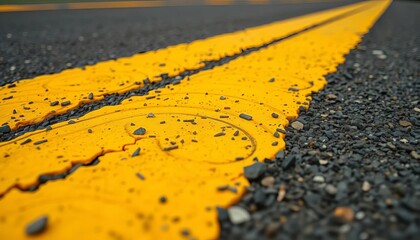 Close-up view of vibrant yellow road markings on asphalt, yellow, yellow paint