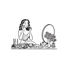 Black and white line art of a beautiful woman doing makeup at dressing table with mirror illustration