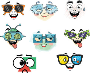 Funny cartoon faces with expressive glasses, playful character emotions, animated eyewear expressions for design and digital content