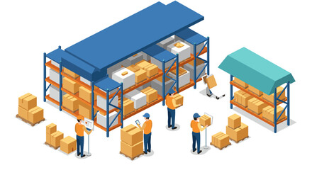 Efficient warehouse operations with workers managing boxes on shelves