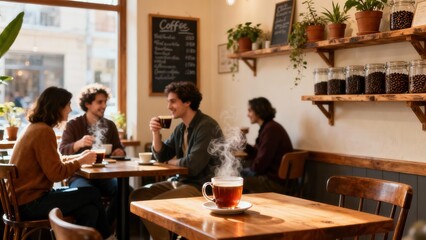 Group of friends enjoying conversation and coffee in a cozy cafe.