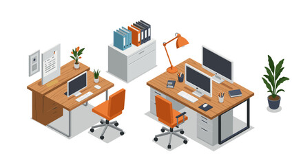 Modern isometric office workspace with computers and plants
