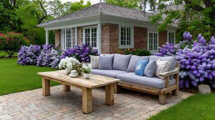 Outdoor patio with brick building wooden coffee table sofa and blooming lilac bushes