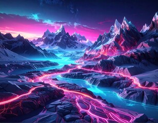 Futuristic Glowing Valley Landscape with Pink and Blue Rivers