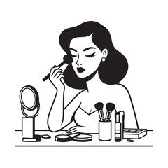 Black and white line art of a beautiful woman doing makeup at dressing table with mirror illustration