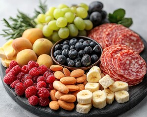 Assorted fresh fruit and cured meat platter